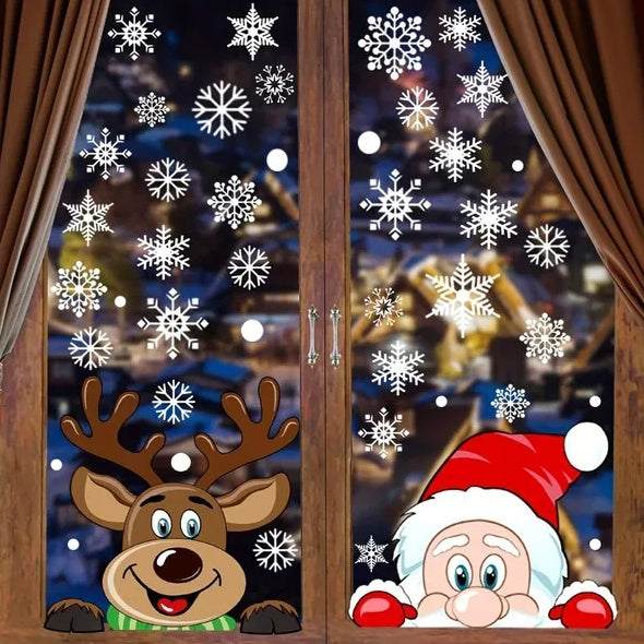 4 Sheets Christmas Window Clings Snowflake Snowman Moose Elk Pattern Window Decals Reusable Static Stickers For Christmas Holiday Birthday Home Decoration