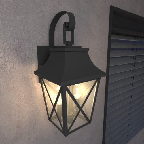 Black Outdoor Wall Light 2 Lights, Large Outdoor Modern Wall Light Fixtures, Industrial Porch Light Wall Mounted With Glass, Waterproof Farmhouse Exterior Light Lighting