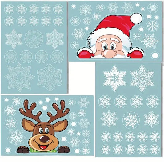 4 Sheets Christmas Window Clings Snowflake Snowman Moose Elk Pattern Window Decals Reusable Static Stickers For Christmas Holiday Birthday Home Decoration